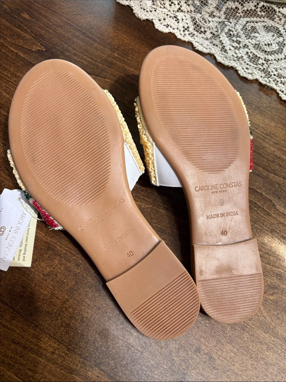 Caroline Constas Tan Slide Sandals with Multicolor Beaded Fruit Motif